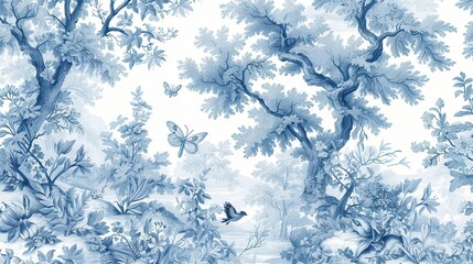 Wall Mural - elegant french toile pattern delicate blue and white illustrations depicting pastoral scenes flora and fauna intricate details and classic motifs create timeless aesthetic