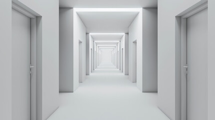 Canvas Print - A long, white corridor with multiple doors, creating a symmetrical, endless perspective in a minimalist style.