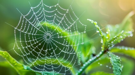  A tight shot of a spider web on a leaf, adorned with water droplets on its silken strands