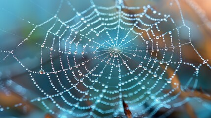  A tight shot of a spider web adorned with water droplets, nearby spider absent Blurred backdrop