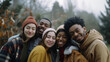 © VK Studio - A group of six friends standing closely together in an outdoor setting, warmly dressed for cold weather, smiling, and radiating genuine affection and happiness.