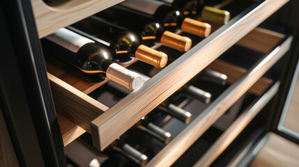 Close-up of a wine cooler filled with various wine bottles neatly stored in wooden racks, signifying sophistication and fine taste.