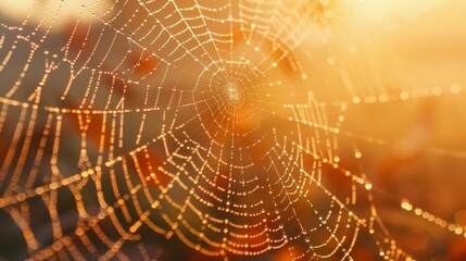  A tight shot of a spider's web adorned with dewdrops, sun behind