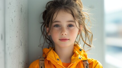 Wall Mural - Young Girl With Wavy Hair Stands Near Window