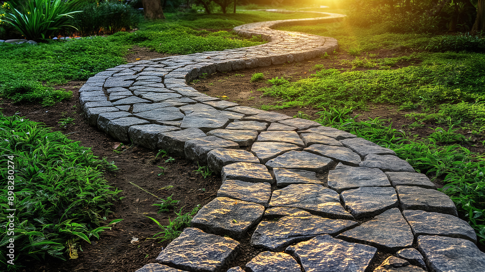 Stone pathway winding through a lush green garden, leading towards a ...