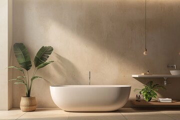 Bathroom interior with a white bathtub and a plant.