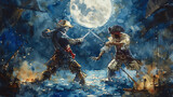 Two pirates are fighting in the water with swords