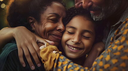 Poster - Family Huddle Radiates Warmth and Joy in Close Embrace