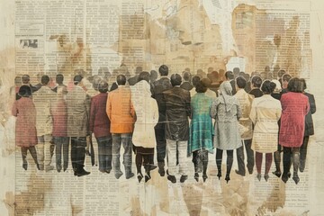 Canvas Print - Crowd of diverse people ephemera border newspaper painting collage.