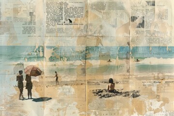 Sticker - People beach sunbathing ephemera border newspaper collage drawing.