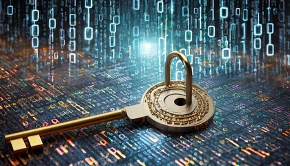 Abstract cyber security concept with key and binary code Generated with AI