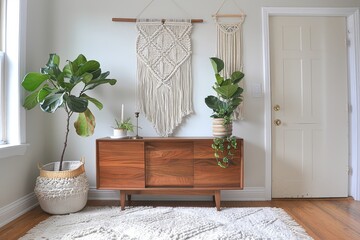 Macrame Adorned Lobbity Door with Fiddle Leaf Fig and Wooden Sideboard, Embracing Modern Home Decor in Winter Tones and Mac-teach Style