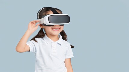 A Young Girl Grins Happily While Wearing a Virtual Reality (VR) Headset and Gazes Upward