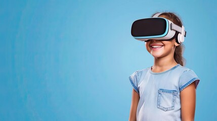 Smiling Girl Wearing Virtual Reality Headset Against Blue Background