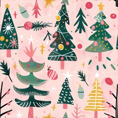 Wall Mural - Seamless illustration of Christmas trees and other Christmas decorations - on a pink background