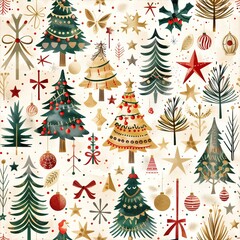 Wall Mural - Seamless illustration of Christmas trees and other Christmas decorations useful on its own or as a tile to create a background