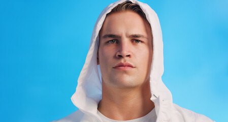 Portrait, hoodie and man with fashion, serious and fitness on blue studio background. Face, person and model with attitude, workout for challenge or sportswear with exercise, stylish or trendy outfit