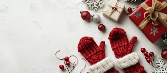 Poster - Christmas theme with knitted mittens decorations and gifts on a white background in a flat lay top view perfect for festive copy space image