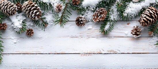 Poster - Christmas themed background featuring snow fir branches cones against a white wooden backdrop with copy space image
