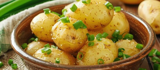 Canvas Print - Delicious baked potato in a bowl with green onion on a bright background suitable as a copy space image