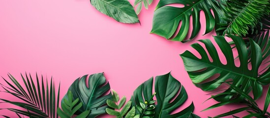 Aufkleber - Bright pink background adorned with artistic tropical leaves allows space for personalized content emphasizing a vibrant tropical theme in a flatlay copy space image