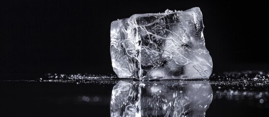 Leinwandbilder - Clear ice piece on reflective black surface with copy space image