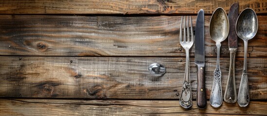 Leinwandbilder - Cutlery items arranged on a rustic wooden table with a visible empty area suitable for adding a desired image. Creative banner. Copyspace image