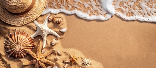 Aufkleber - Top down view of beach items on sand with room for text in the copy space image
