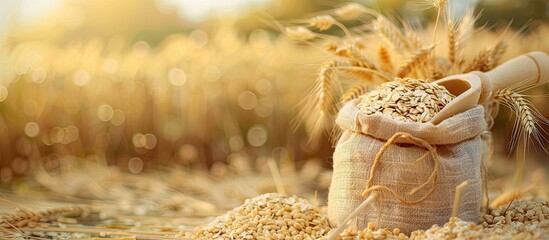 Poster - Bag of raw oatmeal and a wooden scoop on a table with a ripe cereal field in the background providing a serene copy space image