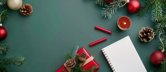 Fototapete - Top view of a Christmas themed flat lay with a gift box red candles notepad and ornaments on a green backdrop ideal for a copy space image