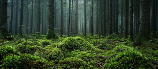 Fototapete - Close up view of a mossy forest ground with branches in a European forest ideal for copy space image