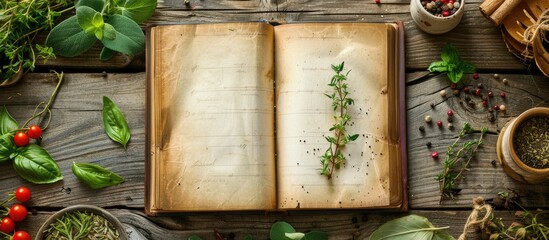 Poster - Cookbook opened on a wooden surface surrounded by fresh herbs and spices displaying a copy space image