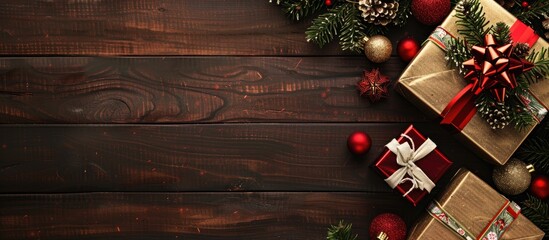 Poster - Christmas fir tree and gift boxes arranged on a wooden board with a large copy space image