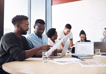 Poster - Business people, discussion or documents in meeting for teamwork, report or collaboration in startup. Planning, graduation certificate and marketing graduate speaking of feedback or project paperwork