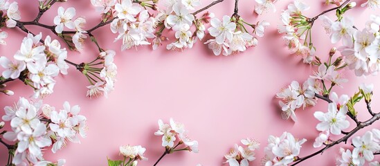 Sticker - Cherry blossom branches on a pastel pink backdrop for a spring frame with copy space image