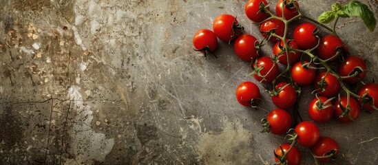 Aufkleber - Cherry tomatoes arranged on a textured background of a kitchen table showcasing fresh organic produce with copy space for image
