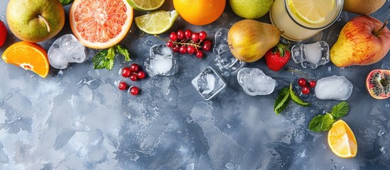 Poster - Flat lay composition with refreshing pear juice ice cubes and assorted fruits arranged on a grey table creating a visually appealing copy space image