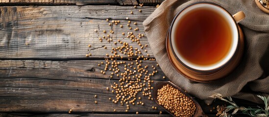 Sticker - Flat lay of buckwheat tea and granules on a wooden table with space for text beside the image. Creative banner. Copyspace image