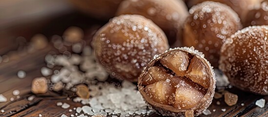 Wall Mural - A close up photo of candied nutmeg known as Manisan pala made with nutmeg and sugar placed on a wooden table ideal for recipe article or commercial use with a copy space image