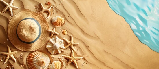 Sticker - Top down view of beach items on sand with room for text in the copy space image