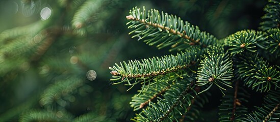 Fototapete - Close up of a fluffy fir tree branch with shallow focus perfect for a Christmas wallpaper concept highlighting copy space image