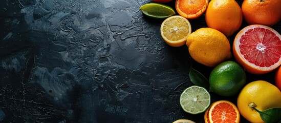 Poster - Citrus fruits like tangerines lemons limes oranges and grapefruits arranged on a dark table with space for text in the image. Creative banner. Copyspace image