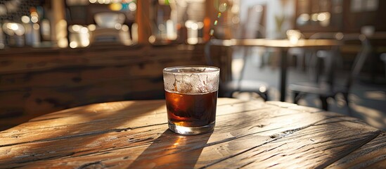 Sticker - Brown wooden table with a clear glass of murky coffee and ample copy space image