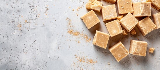 Aufkleber - Top down view of delectable halva pieces on a light gray surface with ample copy space image available