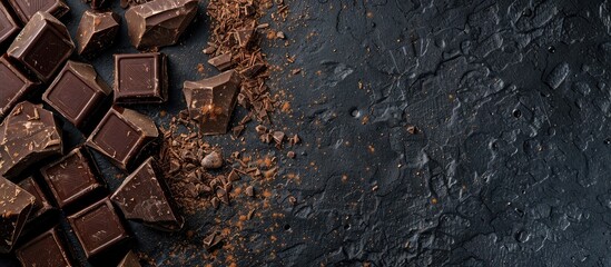 Wall Mural - Dark chocolate chunks and cocoa sprinkle on a black kitchen surface with copy space image