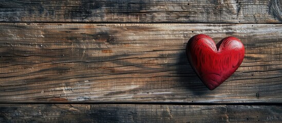 Poster - Flat lay composition featuring a red heart on a wooden background with ample copy space for images
