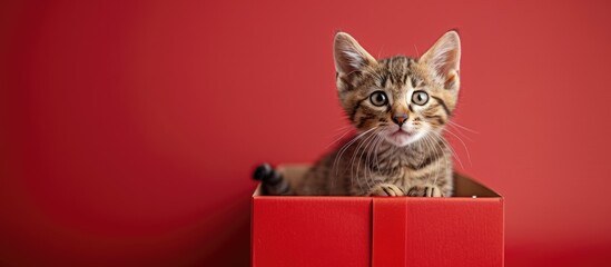 Poster - A cute striped kitten emerges from a gift box against a red background suitable for birthdays and other special occasions with copy space image