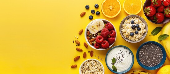 Wall Mural - Top down view of assortment of healthy breakfast items like fruits yogurt nuts oatmeal chia seeds and crispbreads on a yellow background with available copy space image