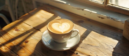 Aufkleber - A cappuccino with heart shaped latte art foam on a wooden table near a window with a light shade creates a cozy atmosphere in the cafe perfect for a copy space image