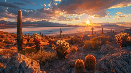 Sunset Over a Desert Landscape with Cactus